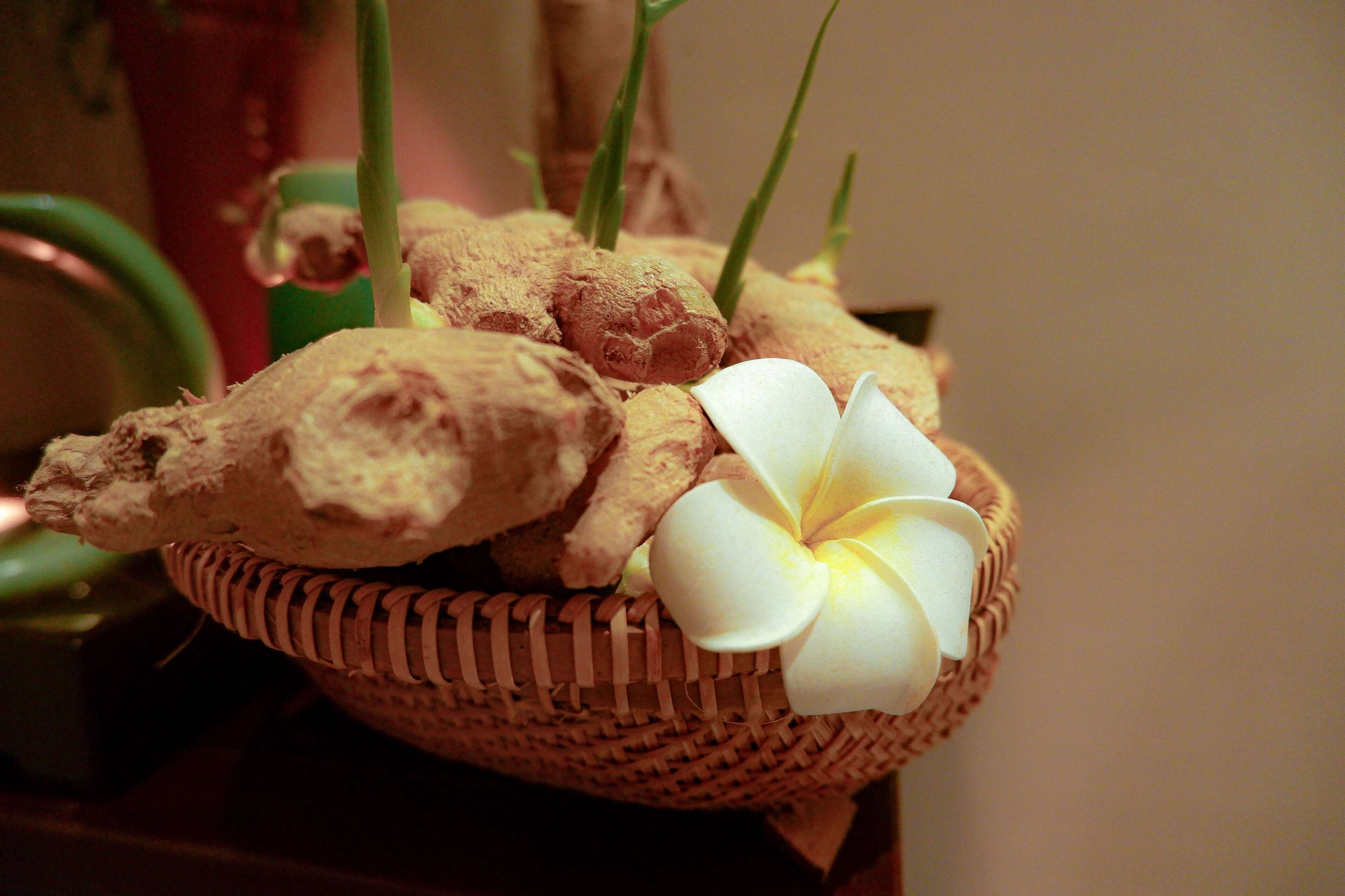Ein Korbkörbchen mit Ingwerwurzeln und einer weißen Blüte.