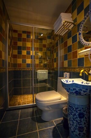 Un bany amb una cabina de dutxa de vidre, un vàter blanc i un lavabo amb un disseny ceràmic blau i blanc.