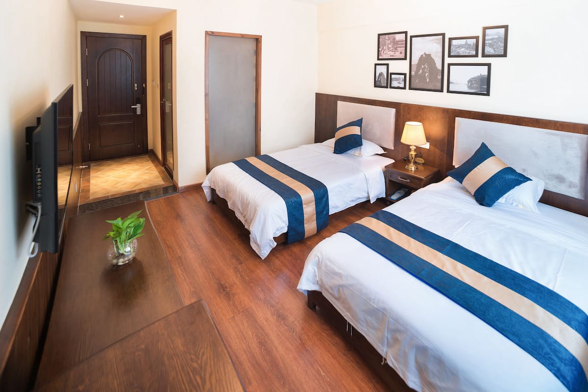 A hotel room with two beds, a TV, a bedside table with a lamp, and a small plant.