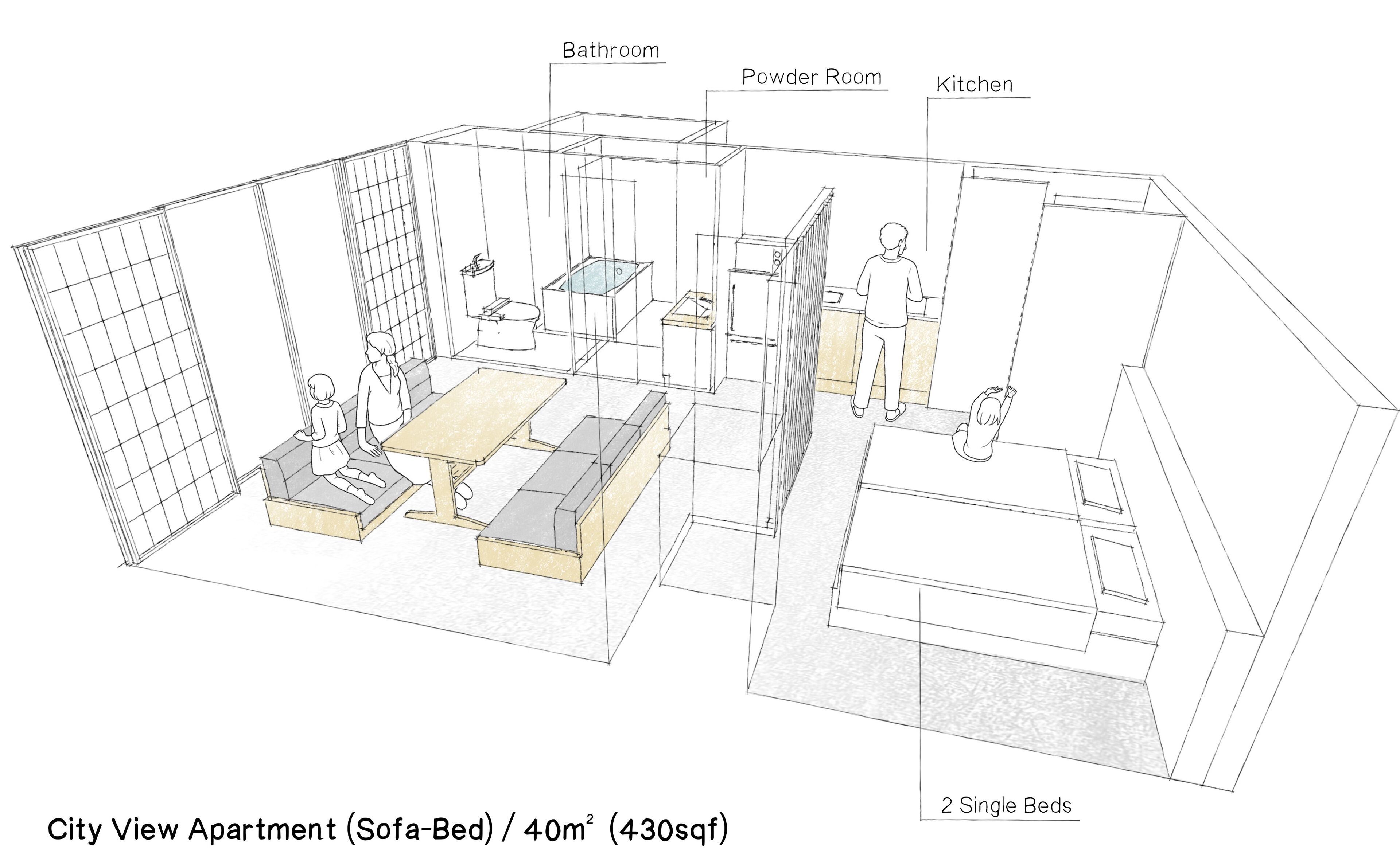 A 2-bedroom city view apartment with a powder room, kitchen, and bathroom.
