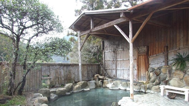 A traditional Japanese onsen with a wooden structure, stone bath, and surrounding natural scenery. - Yunominesou (Tanabe)