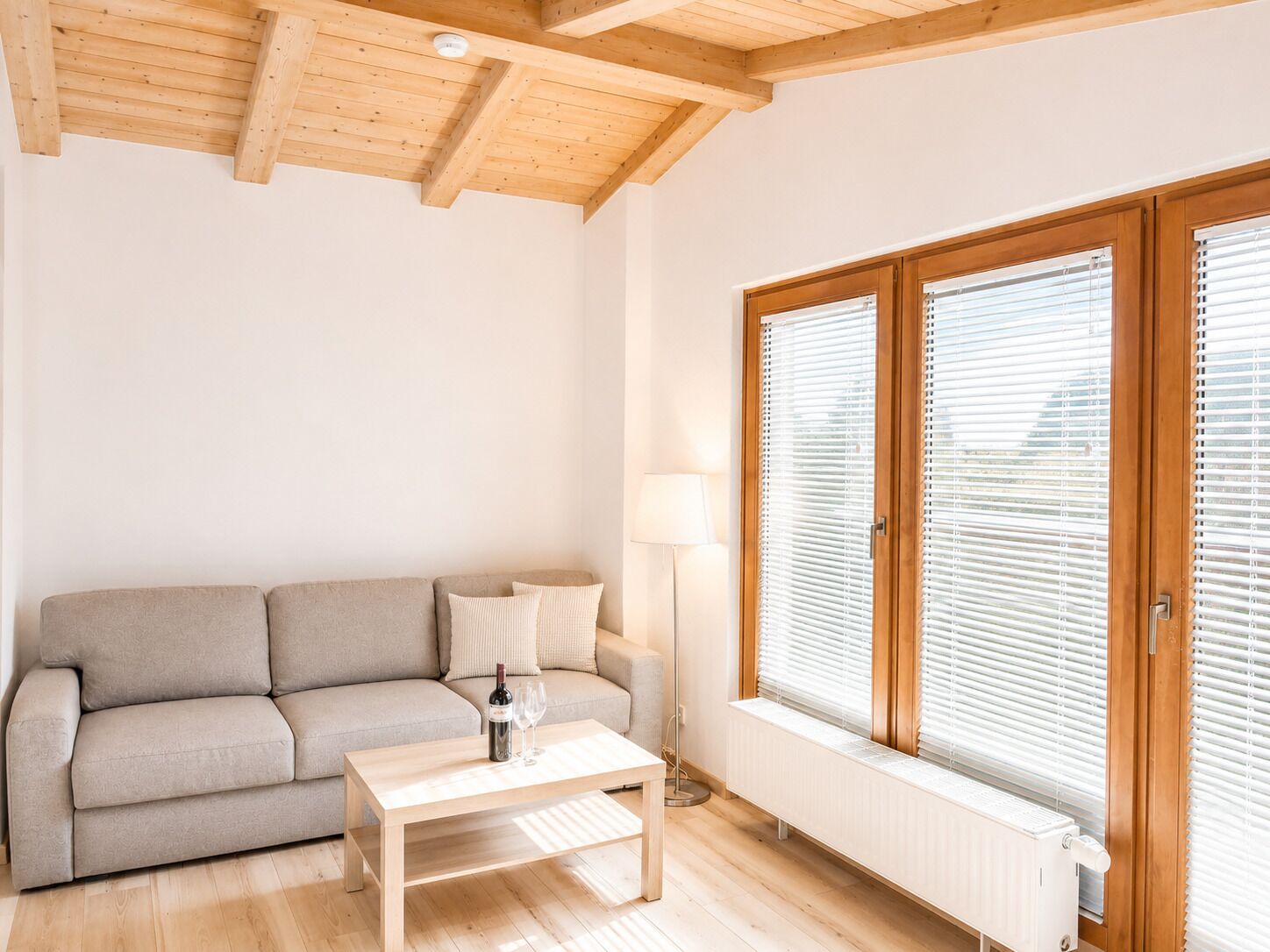 A living room with a sofa, a coffee table, a lamp, and a radiator.