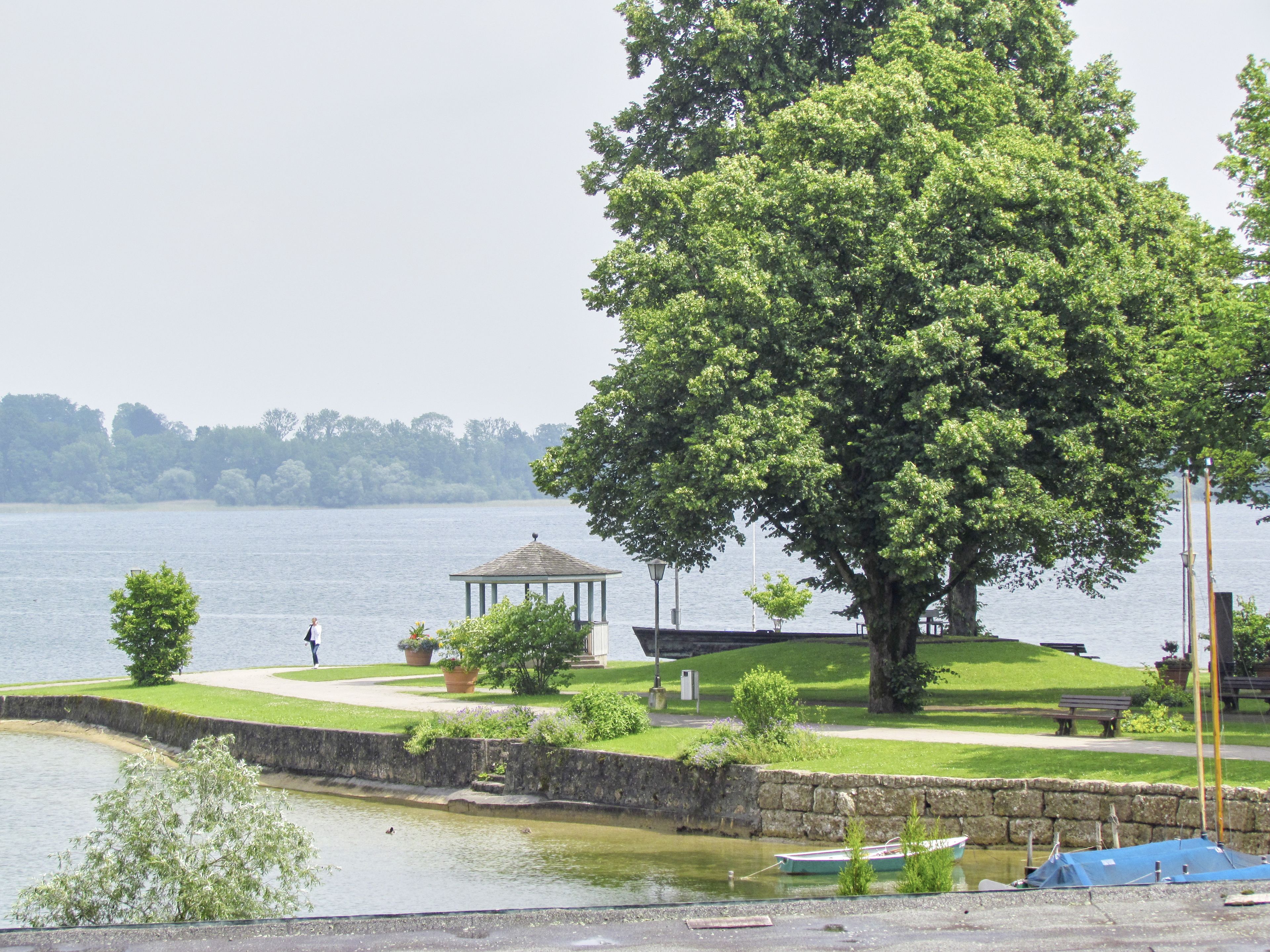 Een tuinhuis, een grote boom en een waterpartij.