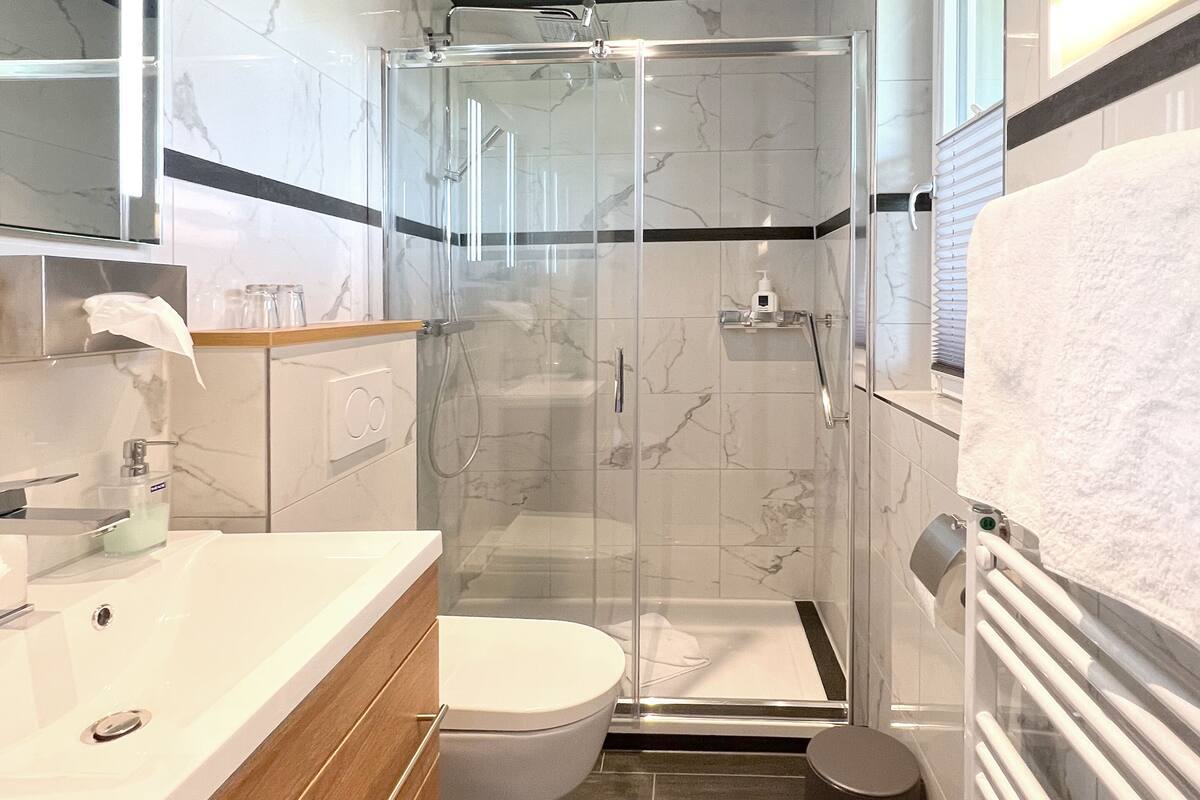 classic double room, balcony | bathroom | shower, hair dryer, towels, soap