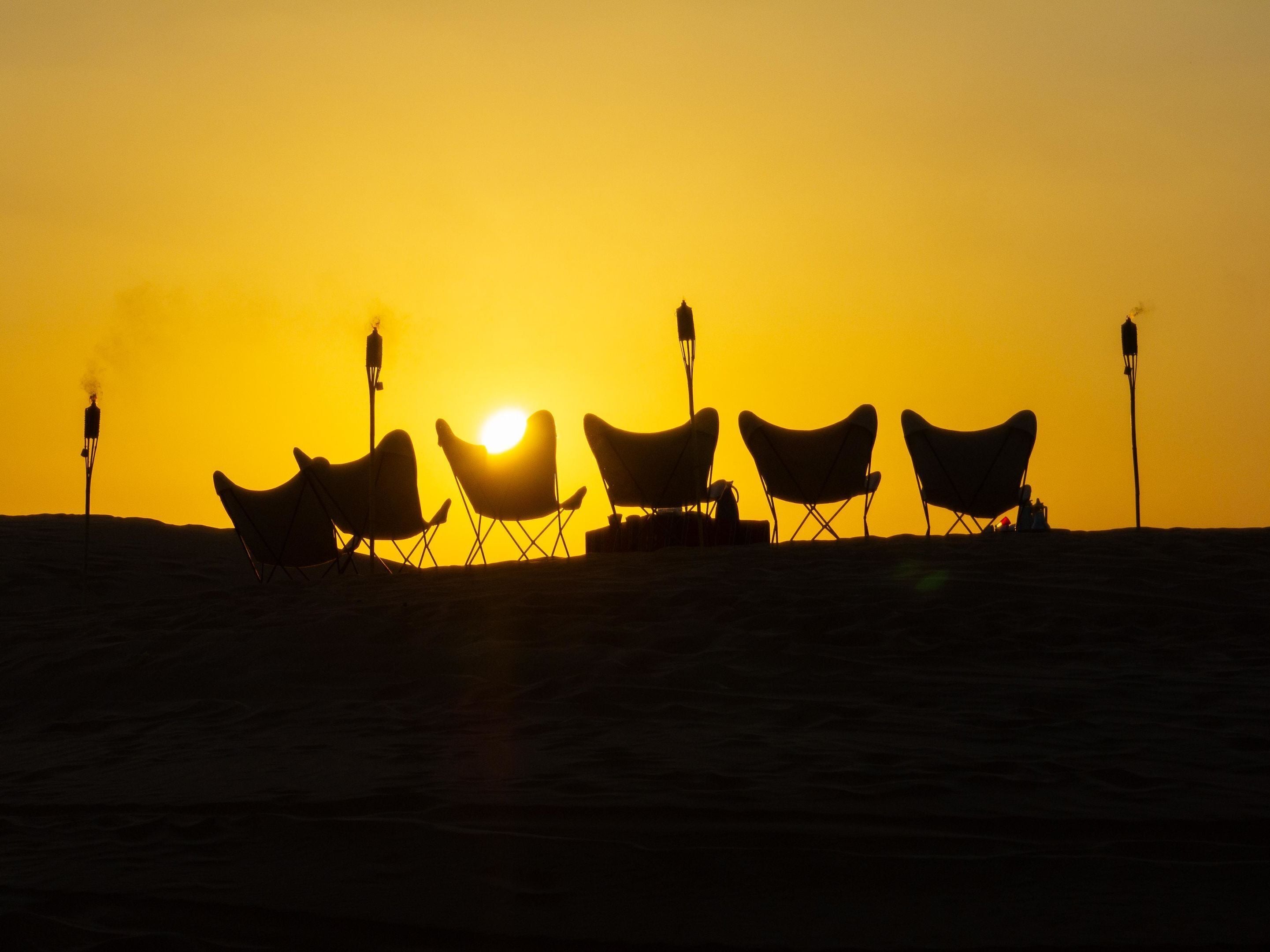 A row of beach chairs aligned on a sandy beach with a sunset in the background.