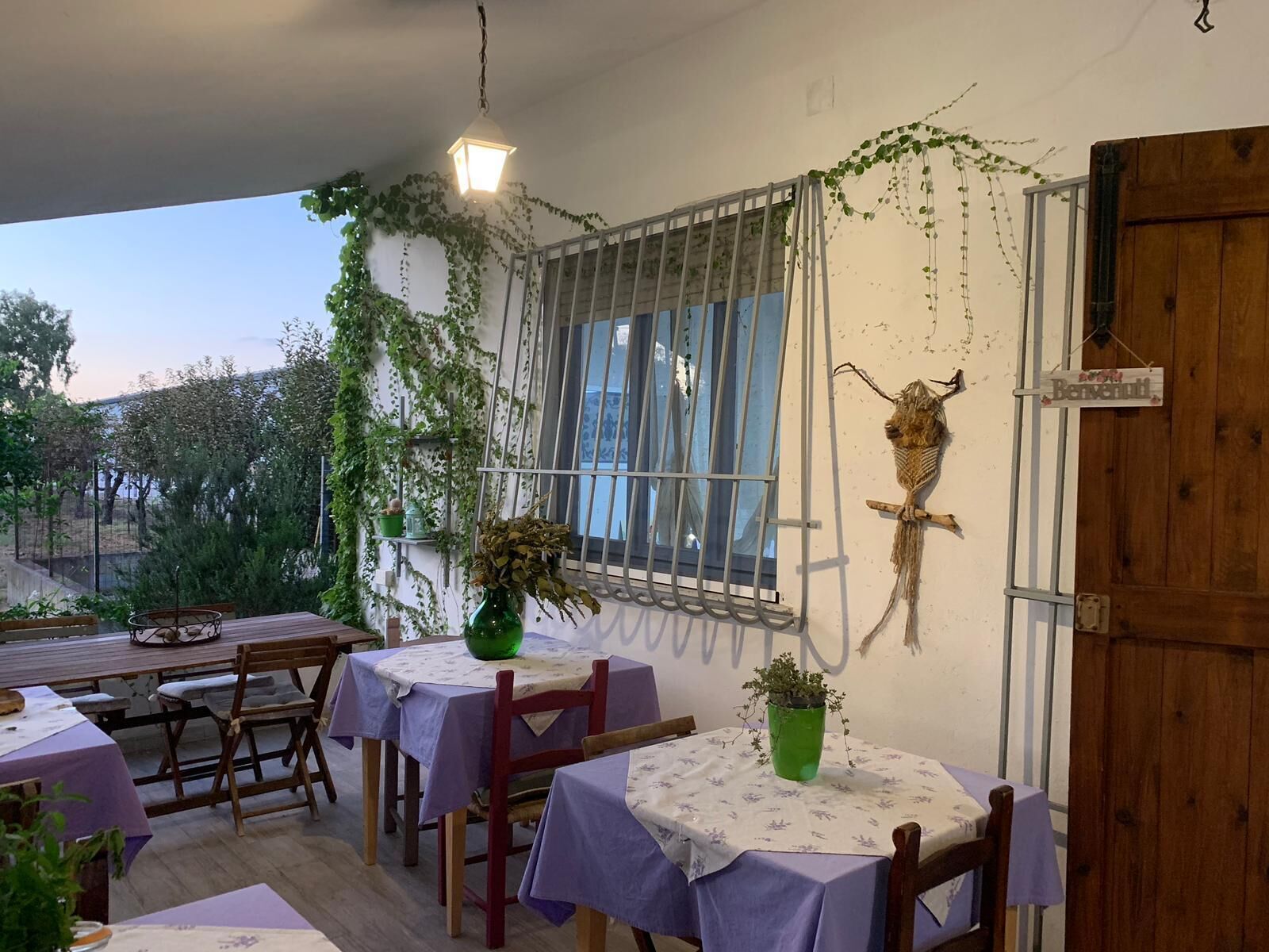 An outdoor dining area with tables covered in purple tablecloths, surrounded by greenery and a rustic wooden door.
