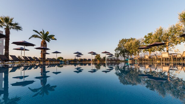 A clear swimming pool with lounge chairs and umbrellas, surrounded by palm trees. - Mythic Summer Hotel (Katerini)
