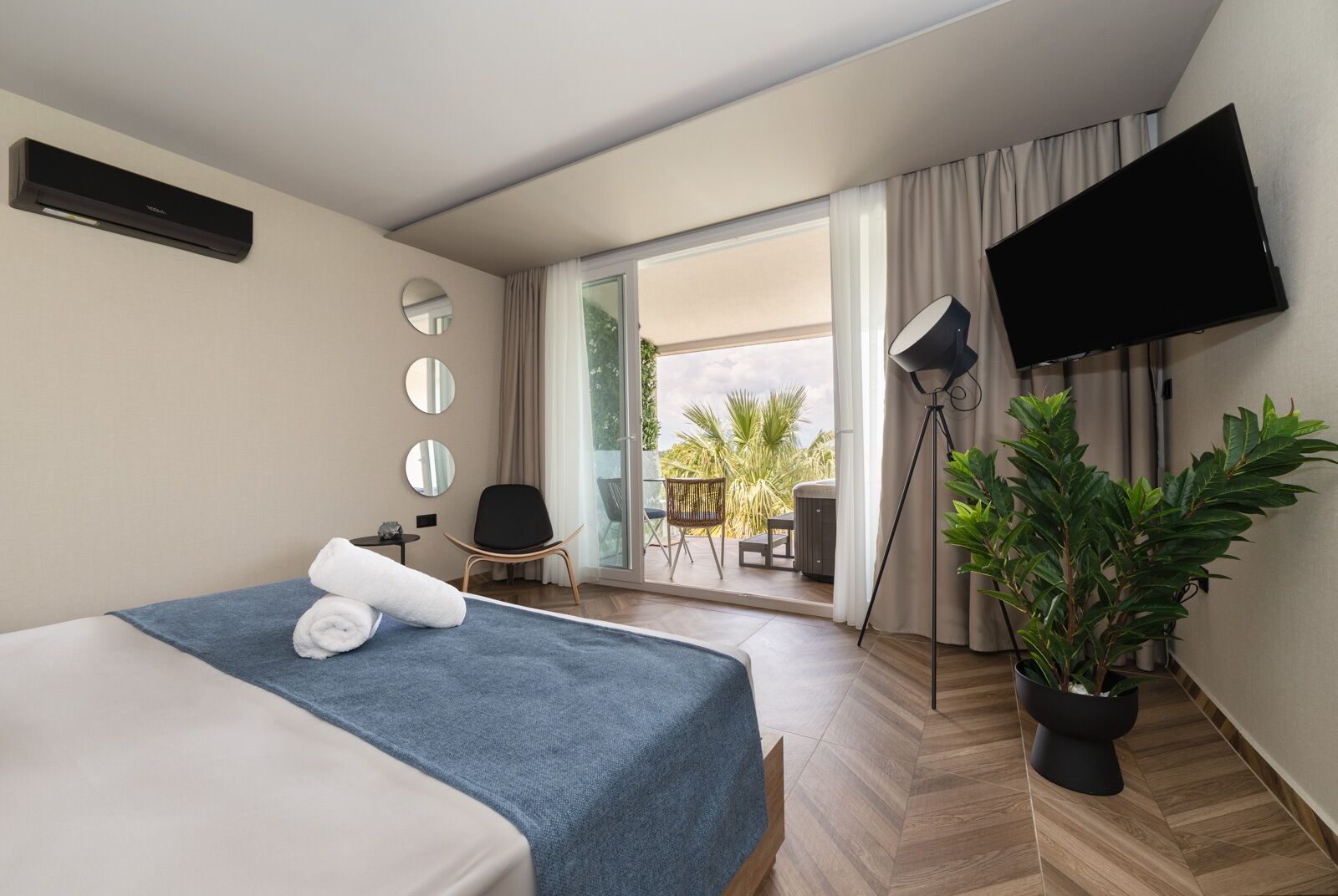 Mythic Blue Suite | Premium bedding, in-room safe, desk, laptop workspace