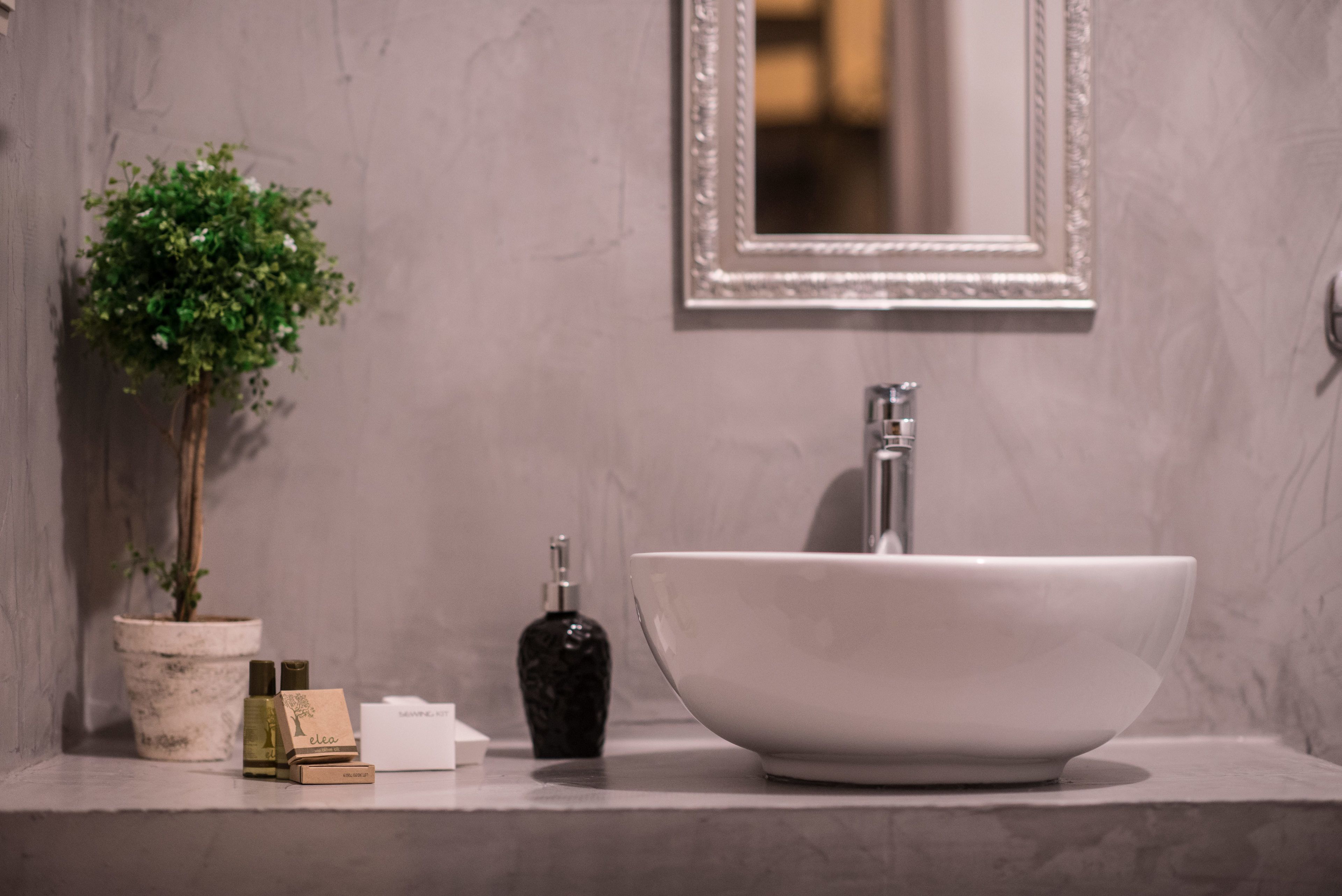 A bathroom with a large white vessel sink, a potted plant, and a mirror with a decorative frame.