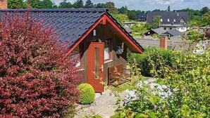 A wooden cabin with a sloped roof, a small porch, and a visible window. - Juwel Feriendorf - Bockholm Haus 19 (Gluecksburg)