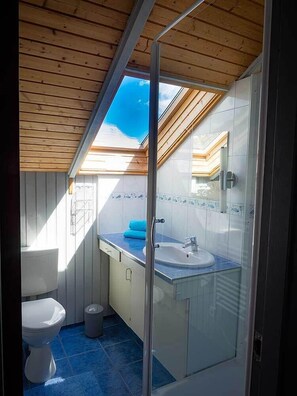 Ein kleines Badezimmer mit Oberlicht, Waschbecken und Toilette.