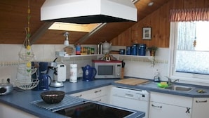 A compact kitchen with a built-in stove, a microwave, and a sink. - Juwel Feriendorf - Lille Blå Søster (Gluecksburg)