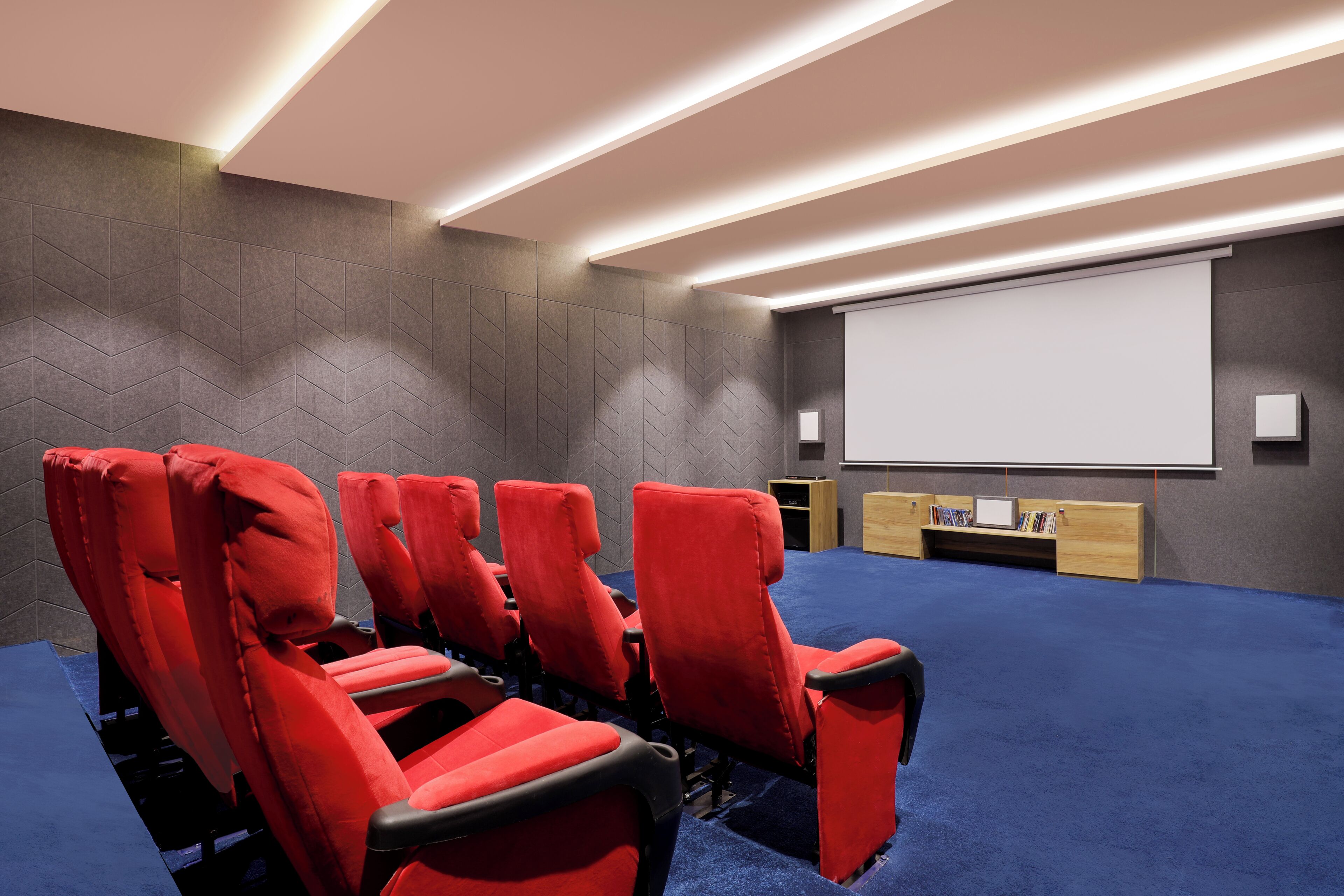 A cinema with red seats, a large screen, and a carpeted floor.