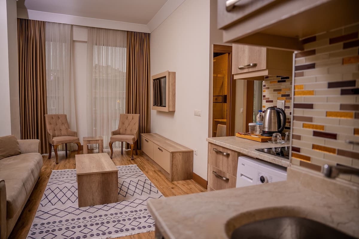 A modern living room with a sofa, two armchairs, a coffee table, and a TV. There is a kitchen area with a sink, stove, and cabinets.