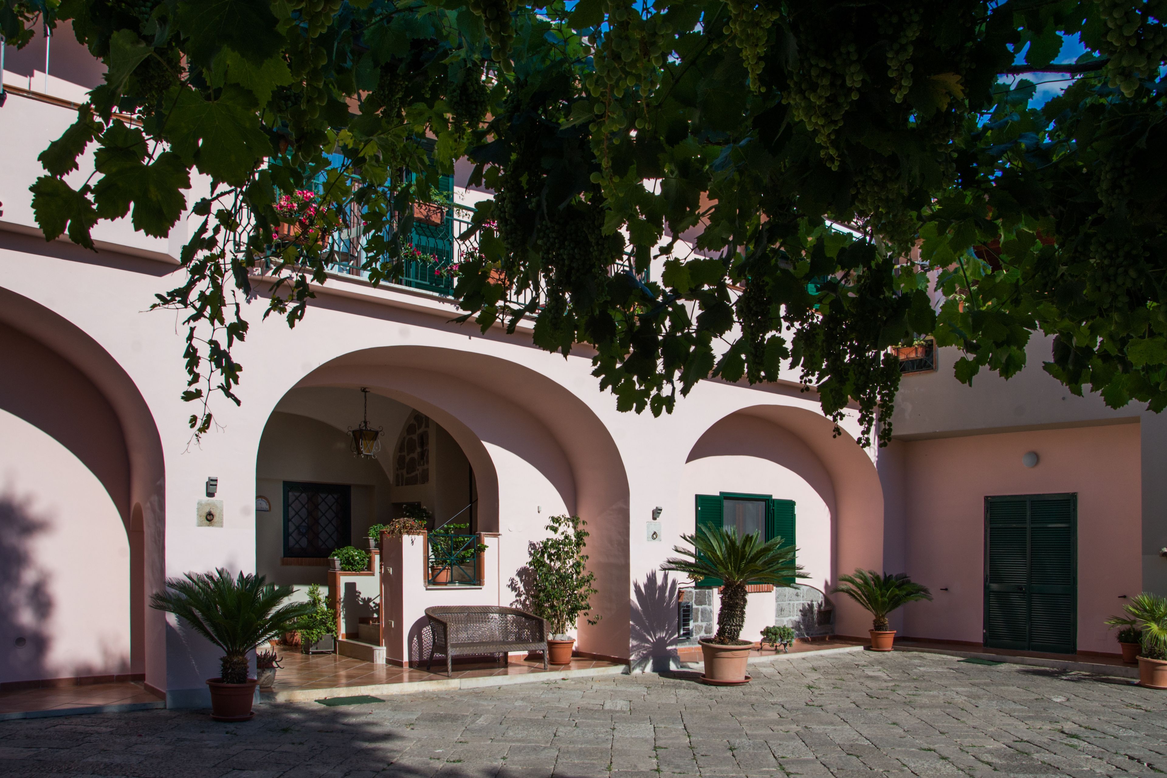 A courtyard with arches, potted plants, and a bench.