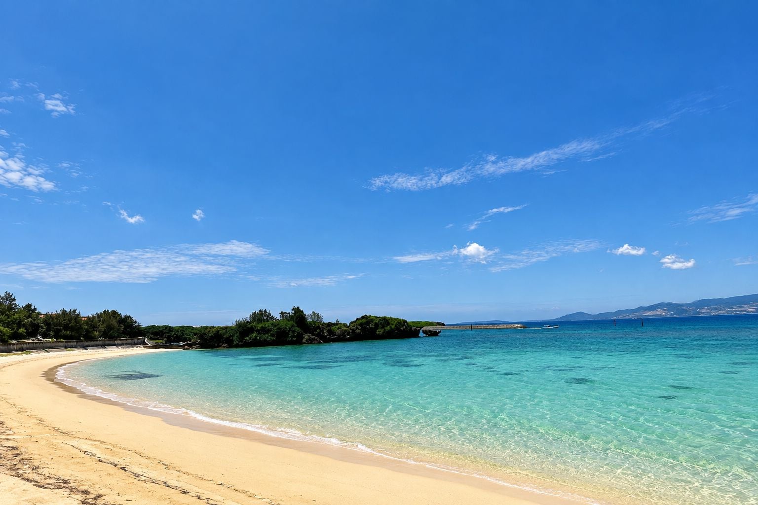 Une plage avec une eau turquoise et limpide, un rivage sablonneux et une rangée d’arbres en arrière-plan.