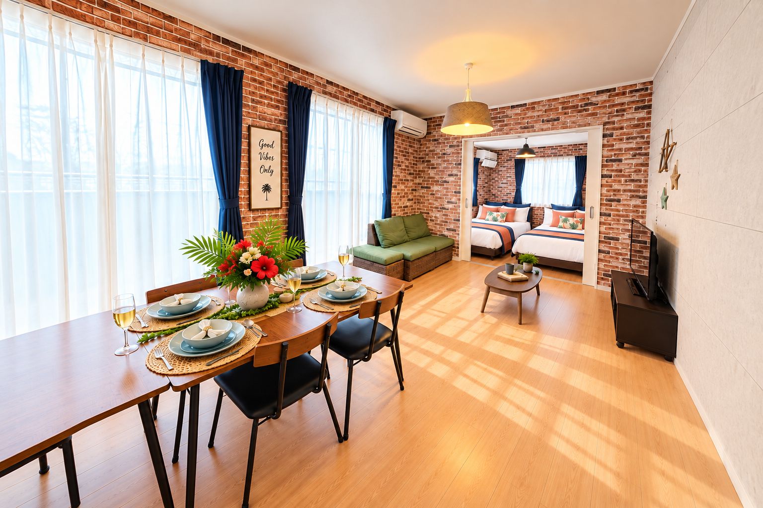 A modern living room with a dining area, brick walls, and a sofa.