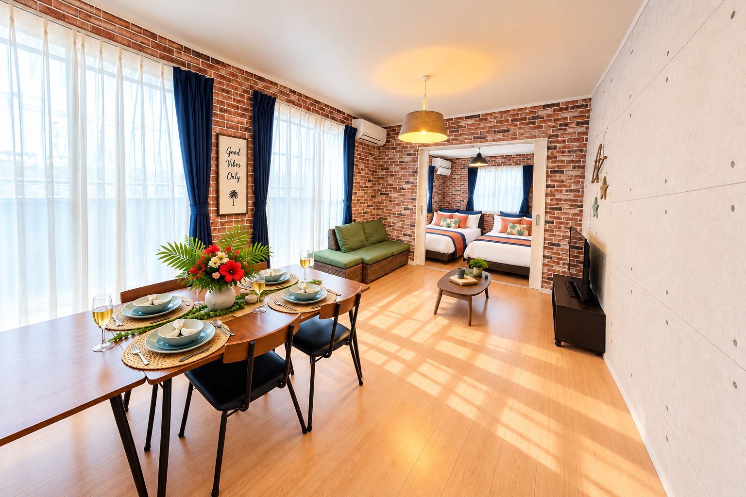 Un salon moderne avec un coin repas, des murs en briques et une grande fenêtre agrémentée de rideaux.