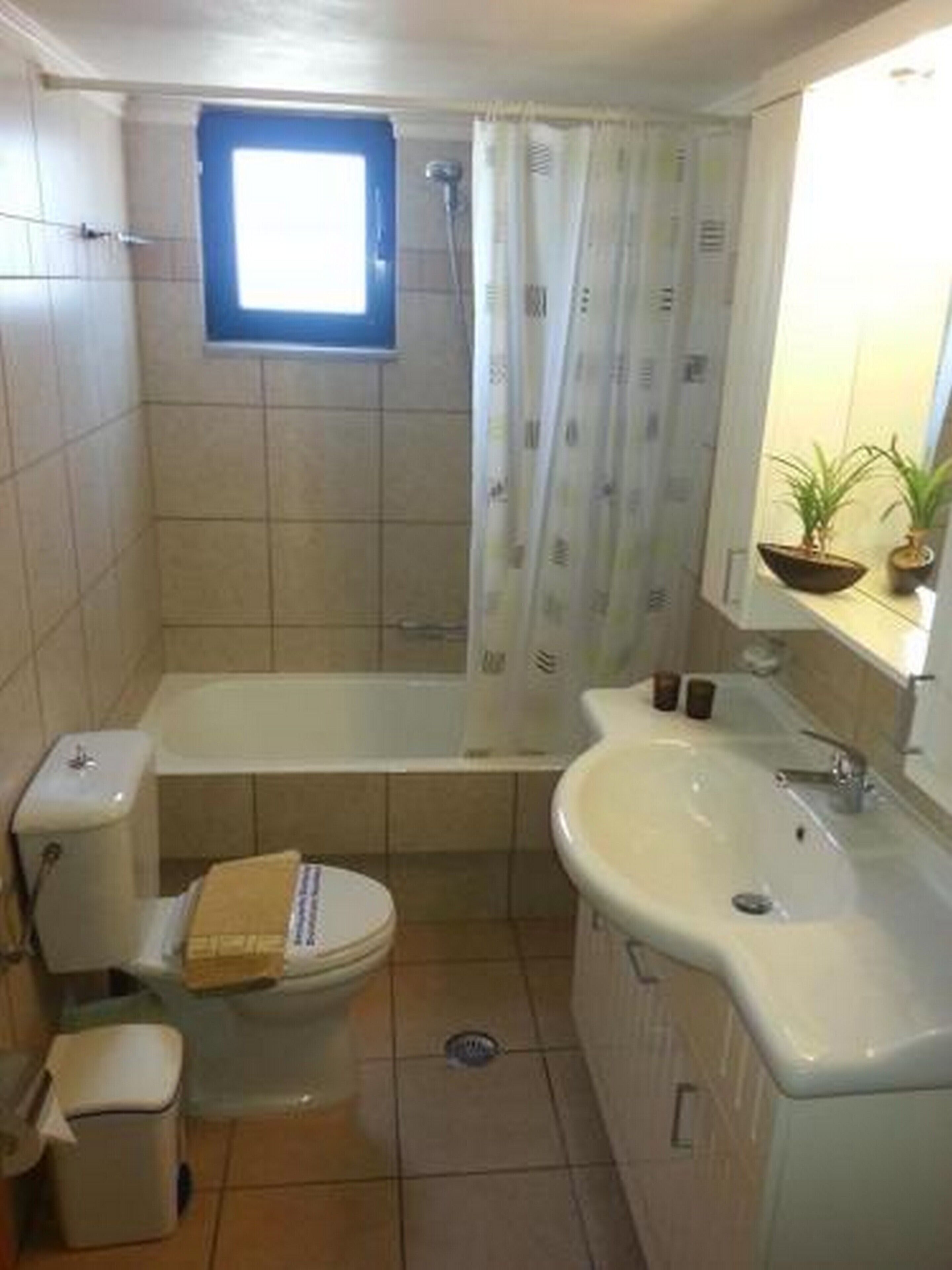 A bathroom with a bathtub, toilet, sink, and a window with a blue frame.