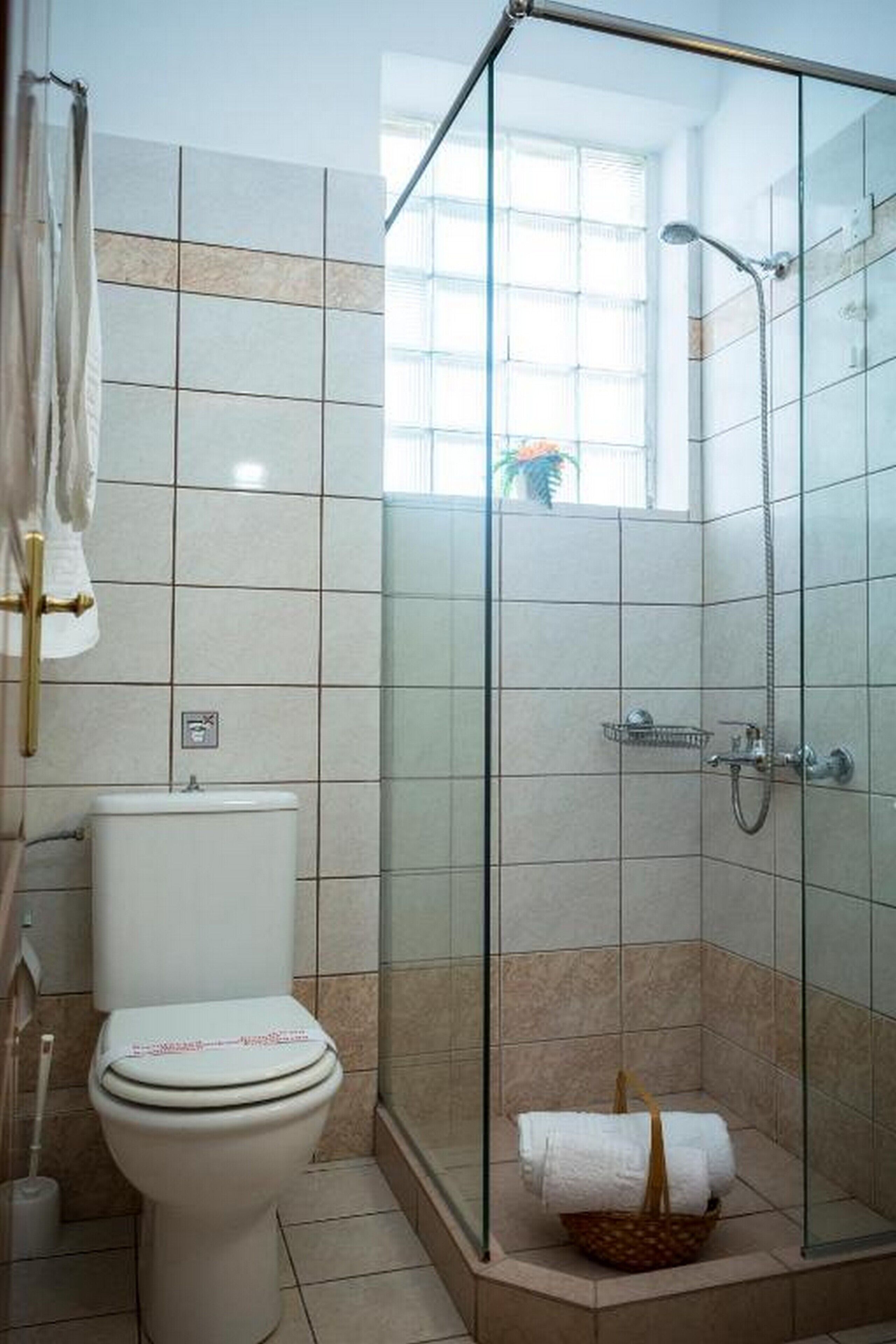 A bathroom with a toilet, a glass shower enclosure, and a window providing natural light.