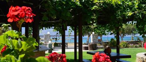 A covered outdoor seating area with a view of the sea, stone benches, and red flowers.