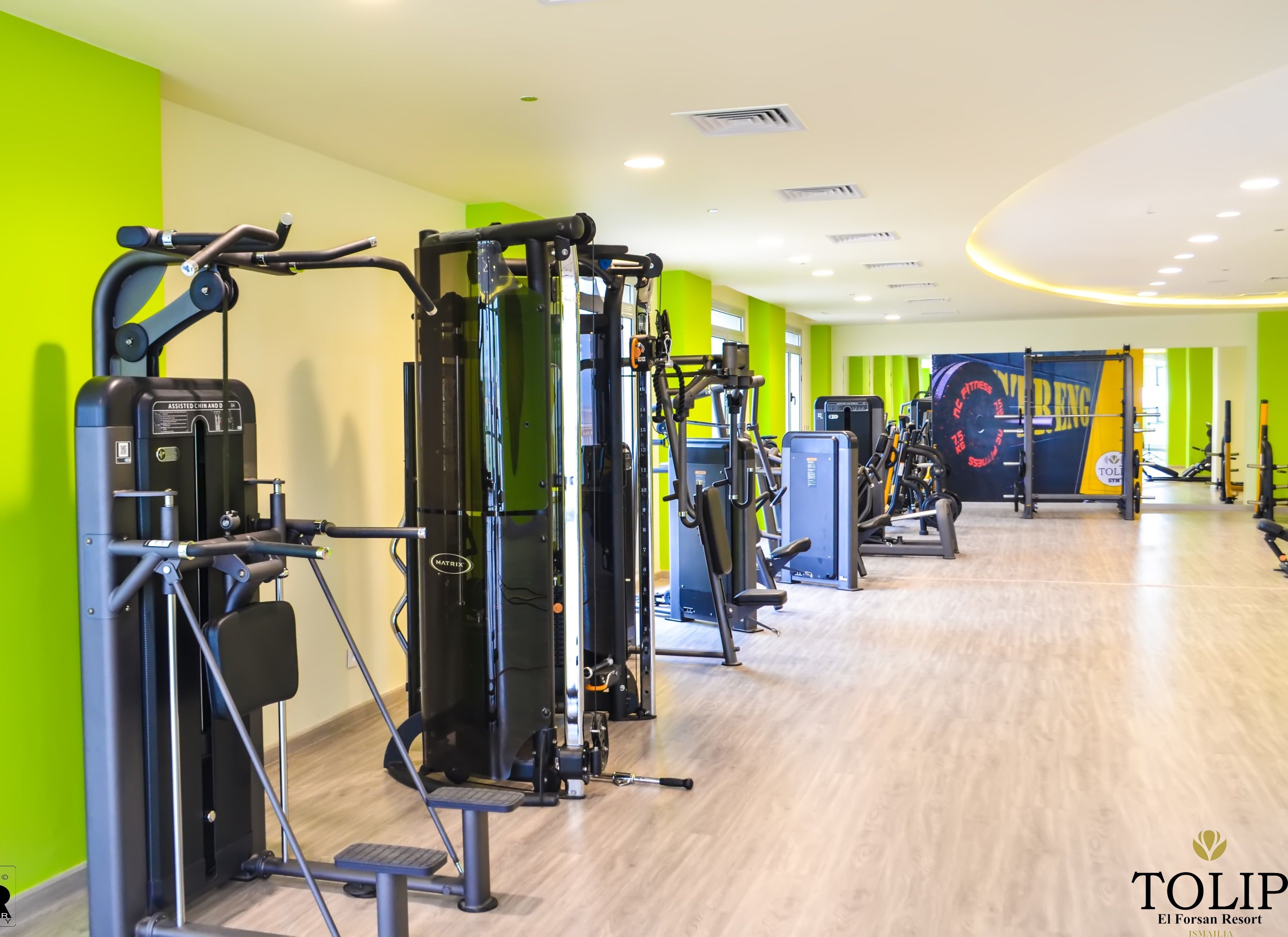 Une salle de sport moderne équipée de divers appareils d’exercice, avec des murs vert vif et un logo représentant le « TOLIP El Forsan Resort ISMAILA ».