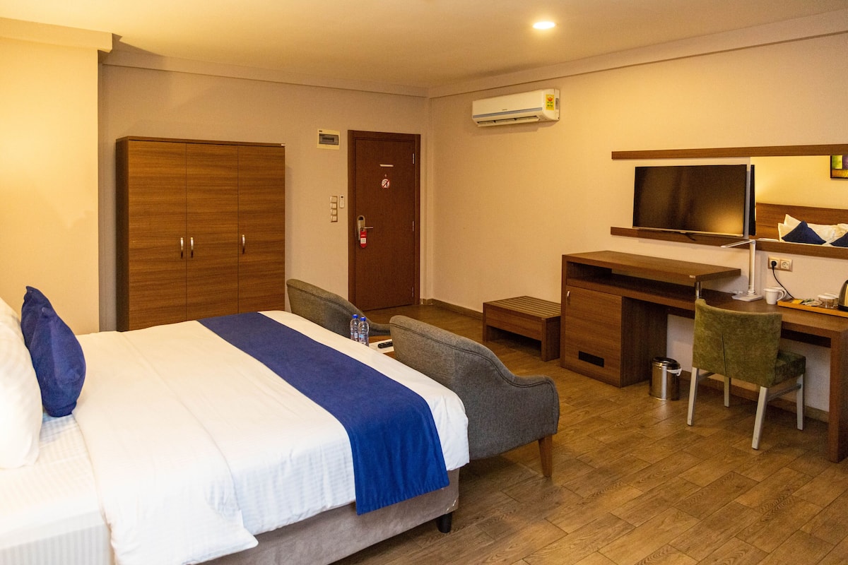 A hotel room with a bed, a desk, a chair, a wardrobe, and a television.