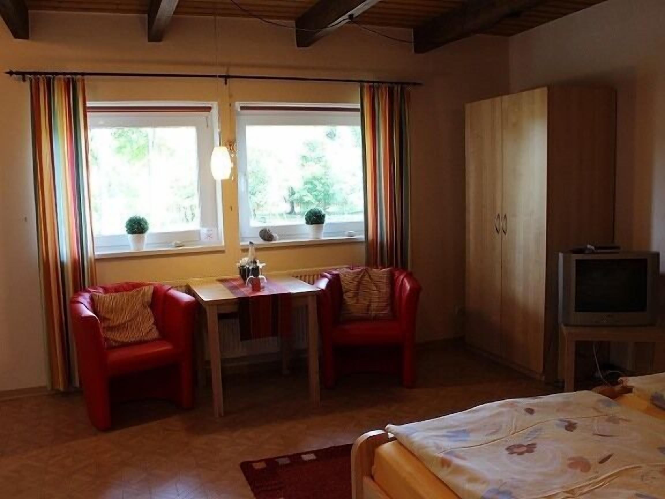 A room with a bed, a small table with chairs, a television, and windows with curtains.