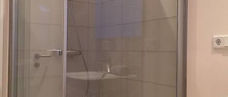 A glass-enclosed shower with a handheld showerhead, a glass door, and a white sink to the right.
