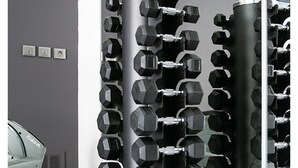 Un gimnasio moderno con un soporte para mancuernas fijado a la pared.