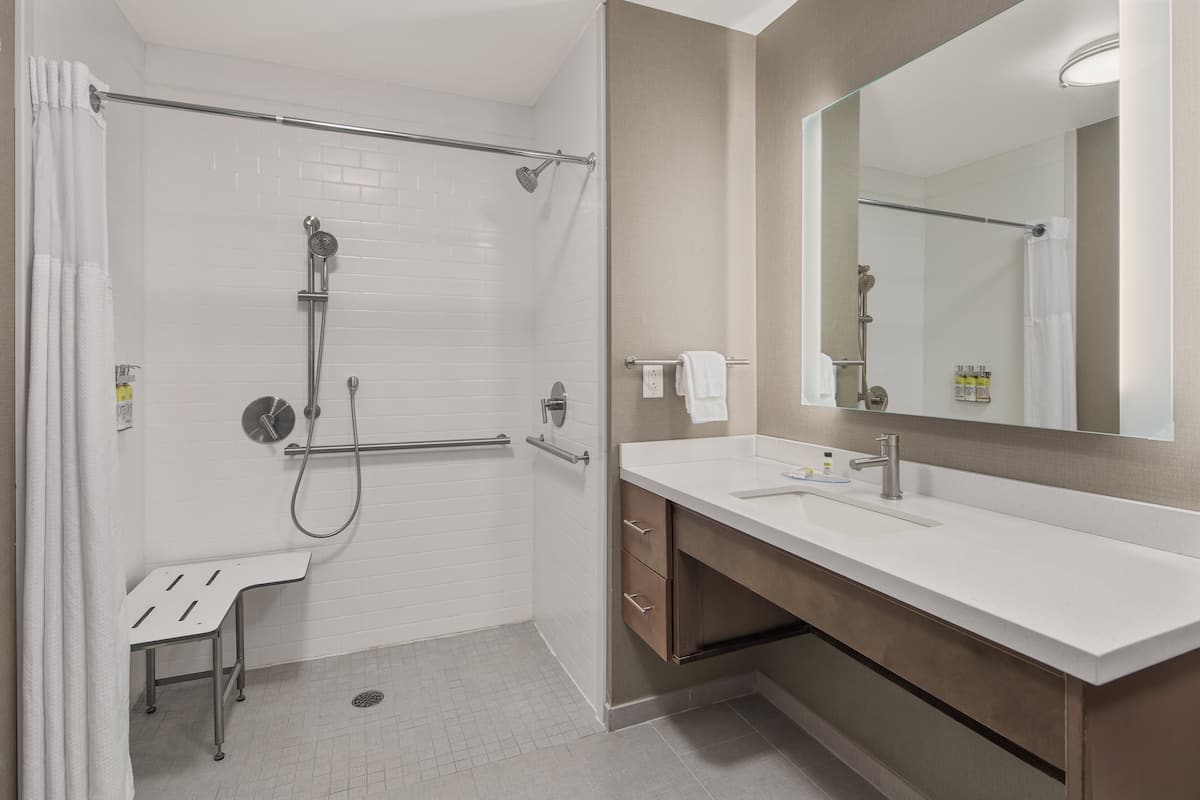 A modern bathroom with a shower, a sink, and a mirror.