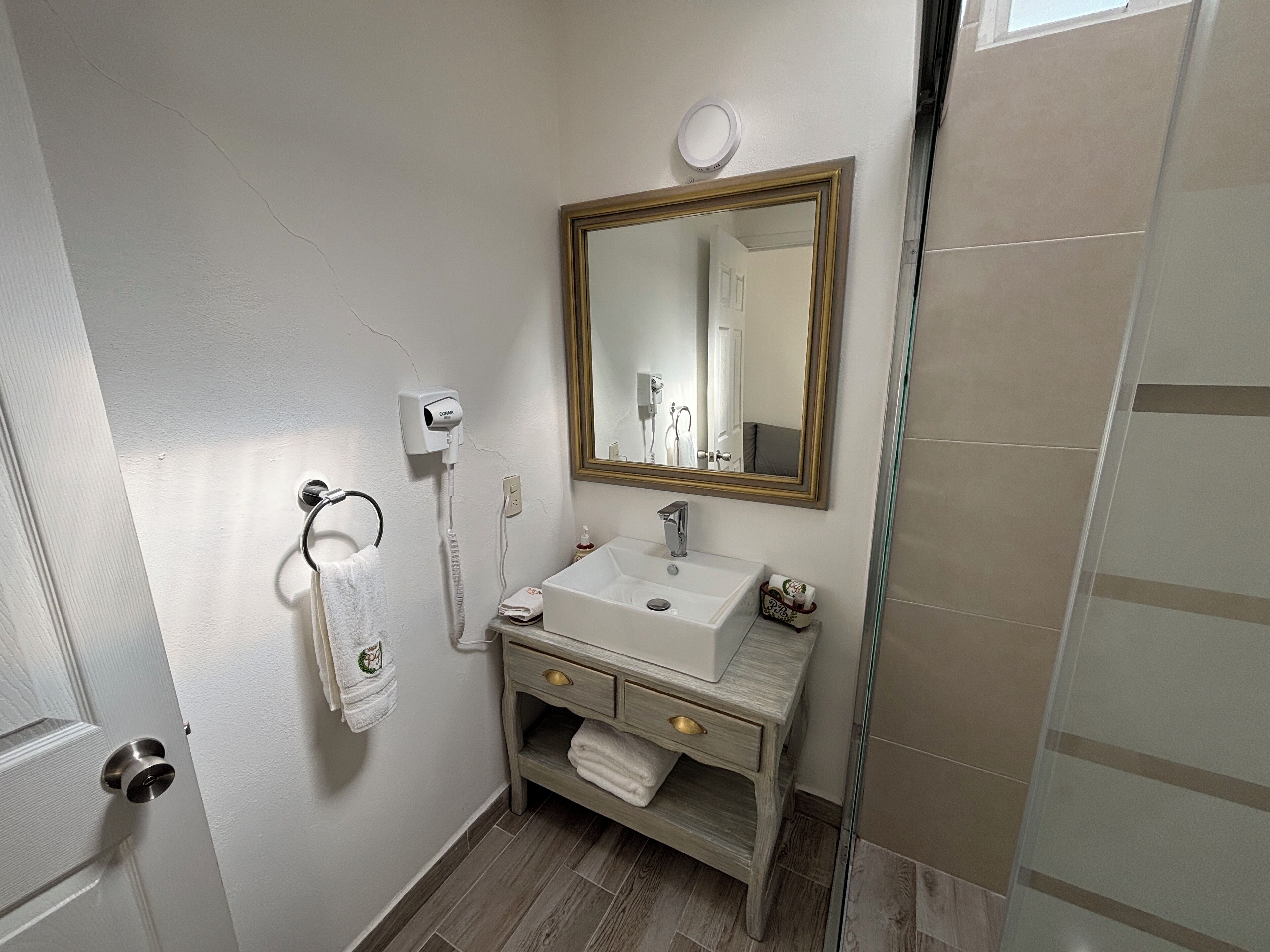 shower, free toiletries, hair dryer, towels