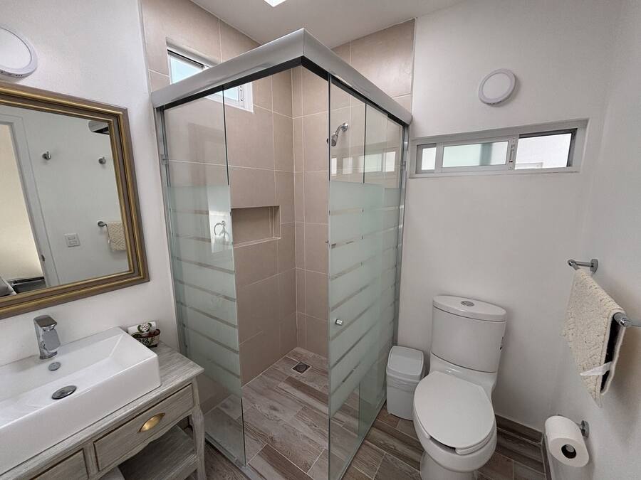 A modern bathroom with a glass-enclosed shower, a white sink, and a toilet.