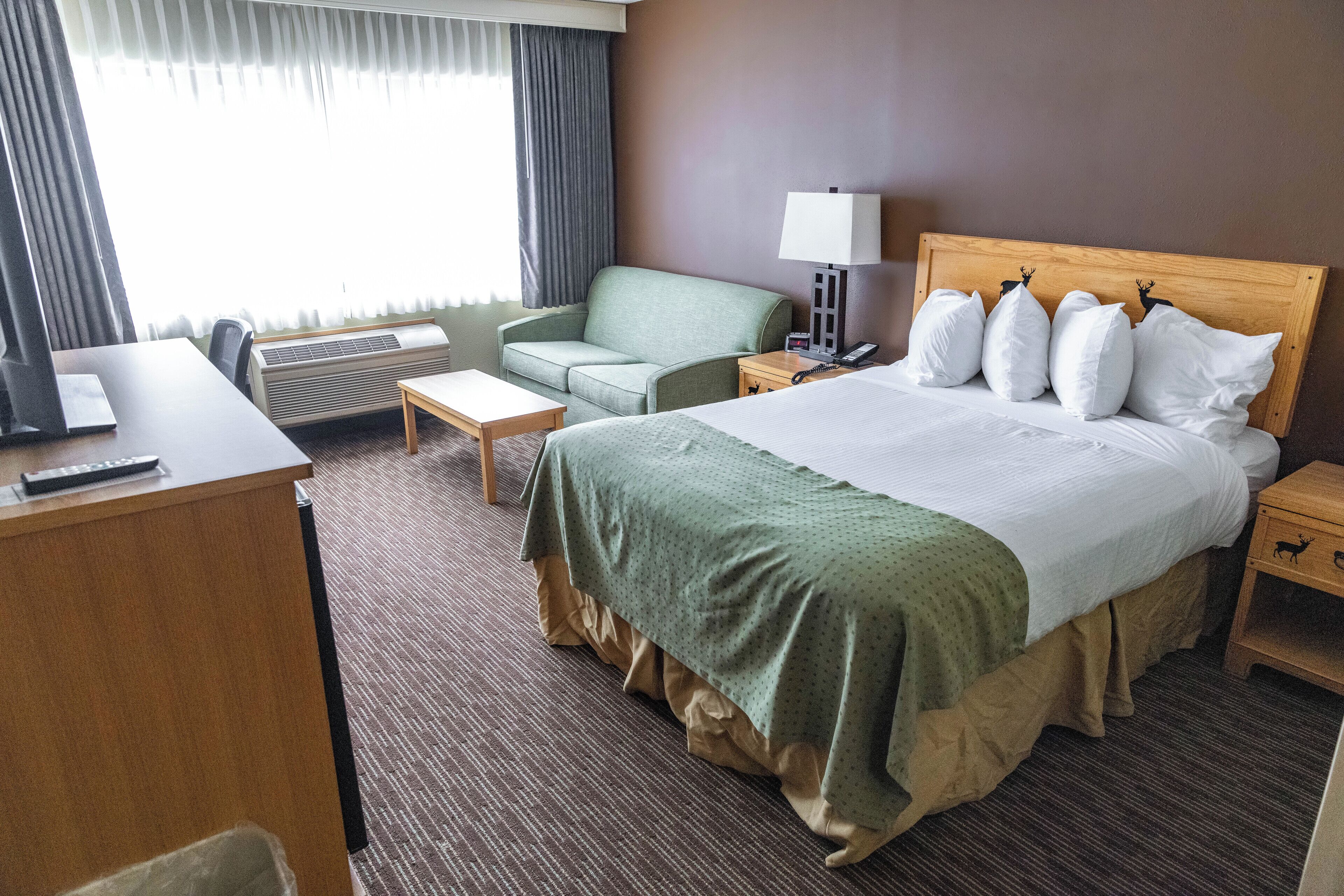 A hotel room with a bed, a desk, a chair, a lamp, and a nightstand.