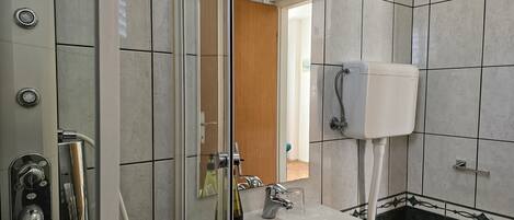 A bathroom with a glass shower enclosure, a sink, and a toilet.