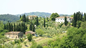 A rural landscape with several buildings surrounded by greenery and hills. - Villa Buonaparte - Vacation rental near Pisa, Tuscany (Corazzano)