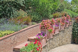 A garden with a brick wall and flower planters.