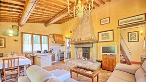 A spacious living room with a fireplace, comfortable seating, and a kitchen area with wooden cabinets.