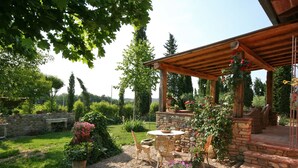 A patio area with a stone wall, a wooden pergola, and a round table with chairs.