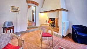 Una sala de estar acogedora con chimenea, sillones de mimbre, un sofá azul y un televisor sobre una mesita.