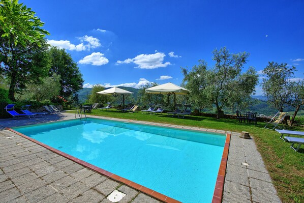 A swimming pool with lounge chairs and umbrellas, surrounded by trees and a view of mountains.
