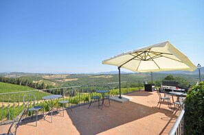 A terrace with outdoor seating, a large umbrella, and a scenic vineyard view.
