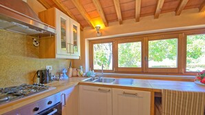 Eine Küche mit Herd, Spüle und Schränken, große Fenster mit Blick ins Grüne und ein Stuhl mit Tisch.