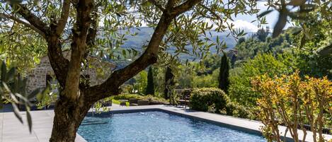 A swimming pool with a view of mountains, surrounded by trees and a stone building.