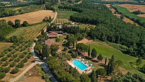Vue aérienne d’une propriété comprenant une piscine, plusieurs bâtiments et un espace vert environnant.