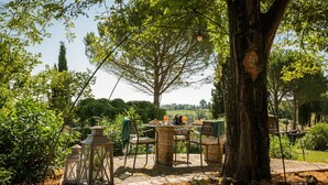 Un espace de restauration en plein air, avec des tables et des chaises, entouré d’arbres et bordé d’un chemin en pierre.