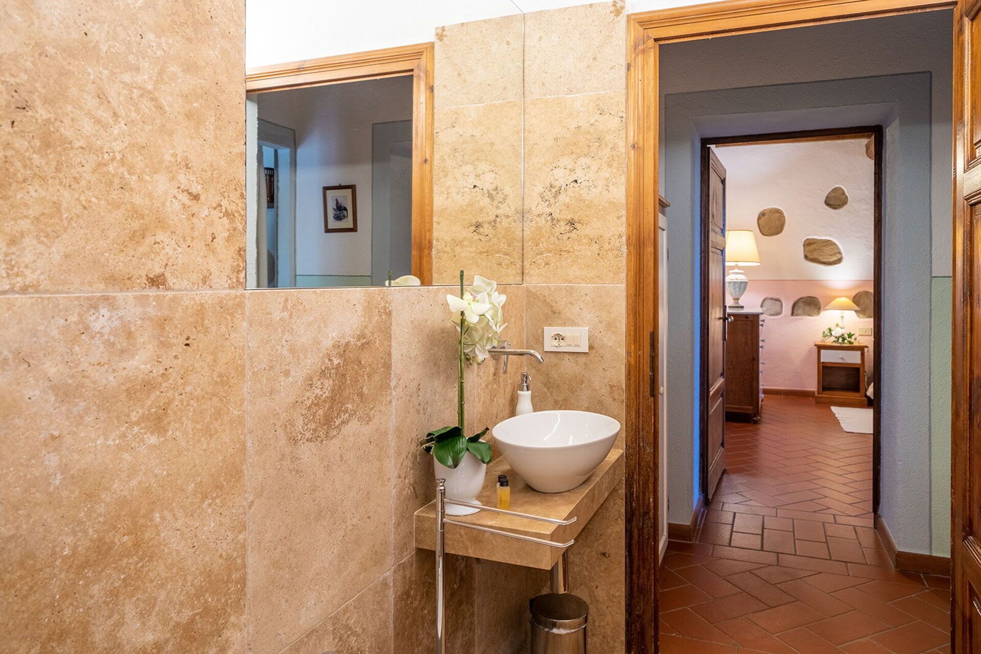 A bathroom with a large sink, a mirror, and a potted plant.