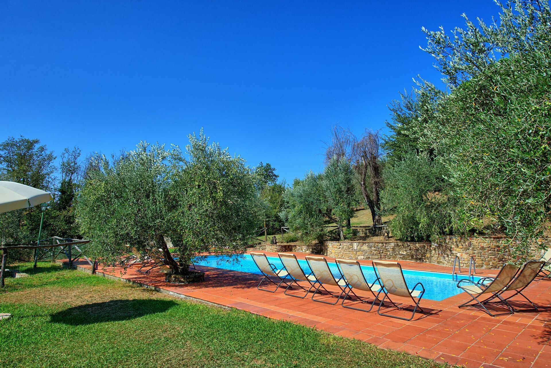 Une piscine entourée d’arbres et d’un mur de pierre, avec des chaises longues à proximité.