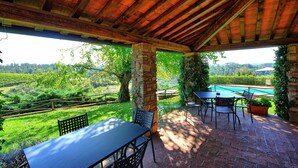 A covered patio with a table and chairs, a view of a swimming pool, and lush greenery in the background. - Il Frantoio - Villa with private pool (Montelupo Fiorentino)
