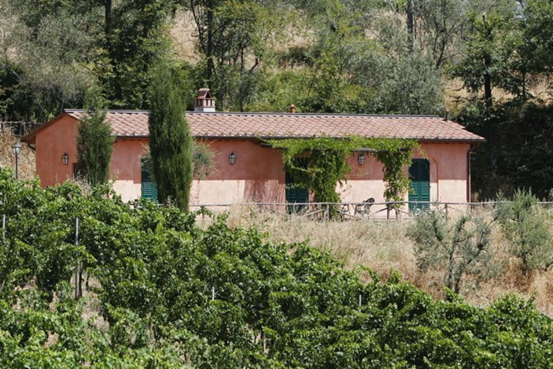 A rustic building with a tiled roof, green shutters, and a vine-covered wall.